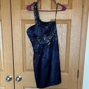 Elegant Navy Sequin One-Shoulder Dress